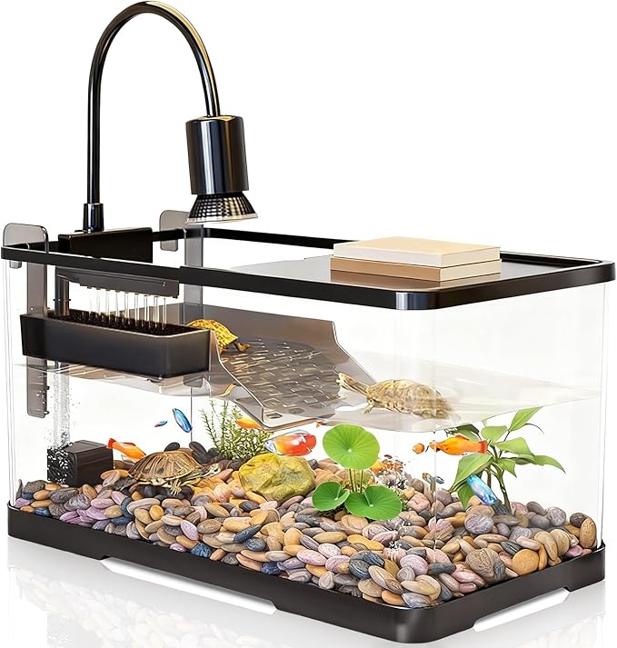 (Tank + Light +Pump + Filter + Filter Balls) Turtle Tank Kit, Turtle Tank Starter Kit,Bottom Drainage, Multi-Function Areas for Turtles, Crabs,Fishes, Amphibians,Reptiles. (21.65 x 12.28 x12.28 Inch)