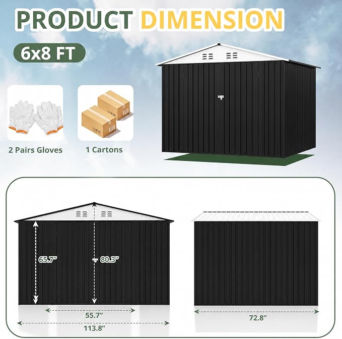 Polar Aurora Outdoor Storage Shed, Metal Garden Shed with Updated Frame Structure, Tool Sheds for Backyard Garden Patio Lawn (White, 6x8 FT)