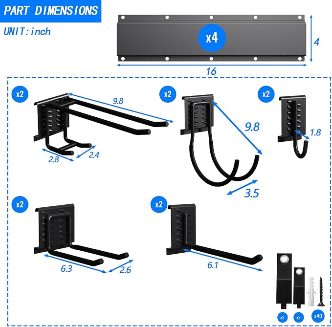 CBWLWJ 64 Inch Garage Tool Organizer Wall Mount, Heavy Duty Steel Storage Rack with 10 Adjustable Hooks, 680 lbs Capacity for Garage, Shed, Basement, Workshop,（Black）