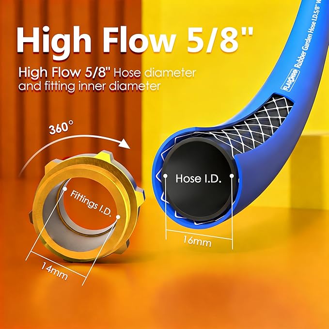 5/8 IN. × 50FT. Heavy Duty Rubber Garden Hose, High Flow 5/8" I.D. Brass Fitting No Memory Durable Heavy Duty Water Hose for Watering, Irrigation, Water Transfer Pump