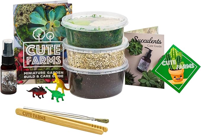 Cute Farms Terrarium Starter Kit | Moss, Vermiculite, Soil, Pebbles, Plant Food, Finishing Tools, Build and Care Guide | DIY Succulent Terrarium (Small)
