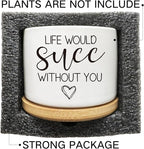 Life Would SUCC Without You Succulent Cactus Cute Planter Pots with Bamboo Tray, Office Kitchen Home Windowsill Indoor Decor, Gift for Friends Mom Coworkers Teachers Plant Lovers