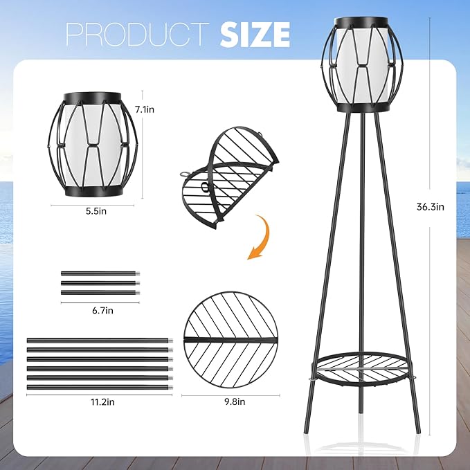 Solar Powered Tripod Floor Lamp with Plant Stand - 36in Outdoor Patio Garden Yard Deck Porch Lighting Decor, Waterproof Solar Light for Backyard Balcony Pathway(2 Pack)