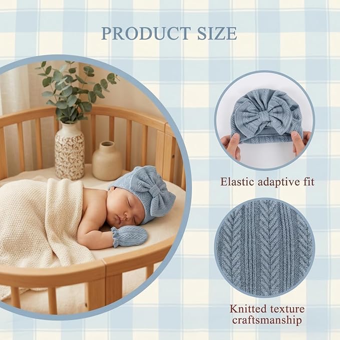 Newborn Baby Girl Hats Mittens Set Cotton Hospital Bow Hat Beanies Caps Gloves for New Born Girls 0-6 Months