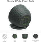 12/10/9 inch Large Plant Pots, 3 Pack Wide Flower Pots for Outdoor Indoor Plants, Water Ripples Plastic Planters with Drainage Holes and Saucers for Garden House, Black with Green Speckles