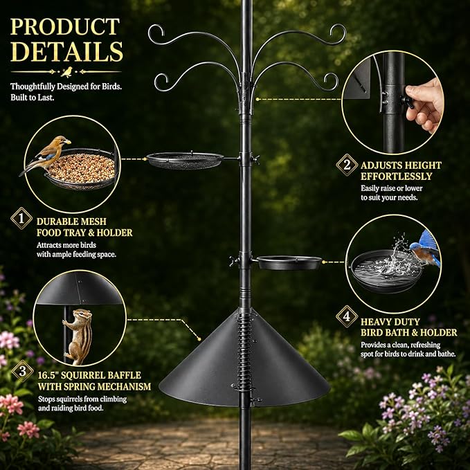 107" Squirrel Proof Bird Feeder Pole with 9 Prongs Base & Squirrel Baffle | 107 Inch, Squirrel Baffle, 9 Prongs Base, 1 Inch Dia, Adjustable, Bird Birdbath, Feeding Tray