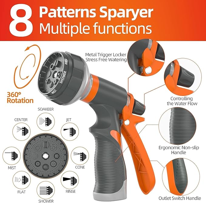 SPECILITE Garden Water Hose 200 ft x 5/8 in Heavy Duty, Flexible and Lightweight, Burst 600 psi, Kink-less Hybrid Rubber Pipe for Backyard, 3/4'' Brass Fittings, Orange