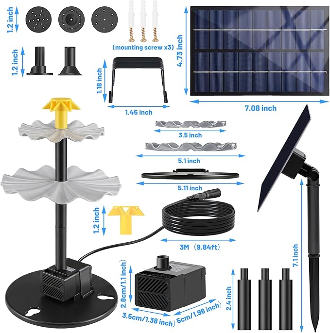 Solar Water Fountain for Bird Bath, 2.5W DIY Solar Powered Fountain Pump Kit with 4 Spray Nozzles, 9.54FT Cable for Birdbath, Garden, Pond, Pool, Outdoor