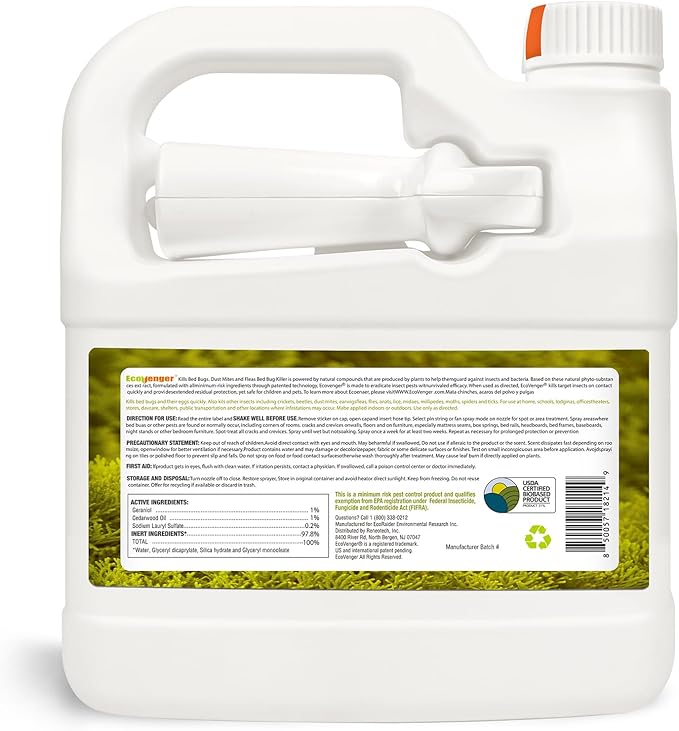 Bed Bug Killer 64 oz EcoVenger by EcoRaider, 100% Kill Efficacy, Bedbugs & Mites, Kills Eggs & The Resistant, Lasting Protection, USDA BIO-Certified, Plant Extract Based & Non-Toxic, Child & Pet Safe