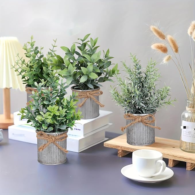Small Artificial Plants Set of 4 Fake Potted Plant with Iron Pot Mini Greenery Decor for Indoor Home Porch Garden Bathroom Décor