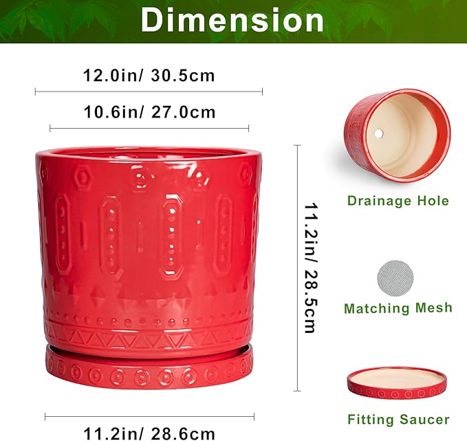12 Inch Pots for Plants, Ceramic Pots for Plants Indoor Outdoor, Round Flower Pot with Drainage Holes and Saucers, Modern Decorative Planter, Home Porch Decor, Gardening Gifts, Red