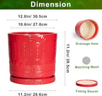 12 Inch Pots for Plants, Ceramic Pots for Plants Indoor Outdoor, Round Flower Pot with Drainage Holes and Saucers, Modern Decorative Planter, Home Porch Decor, Gardening Gifts, Red