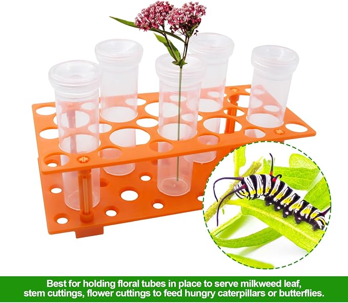 8Pcs 60ml Large Floral Tubes with Rack Holder, Detachable Floral Tubes Holder for Milkweed Leaf, Stem and Flower Cutting, More Stable Flower Holder