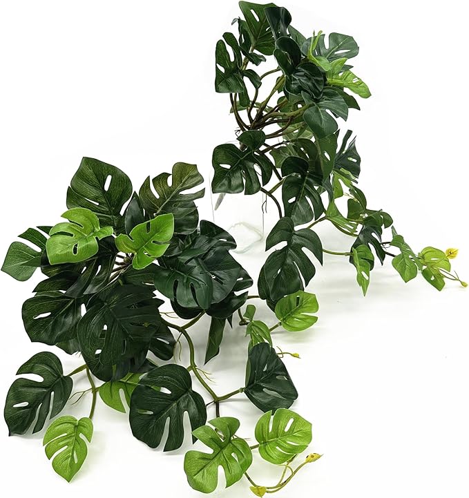 Artificial Monstera Plants, Fake Tropical Palm Small Potted Faux Hanging Greenery Mini Plants for Indoor Outdoor Home Office Garden Houseplants Pot Decor Wedding Party DIY Decoration - Green 2 Pack