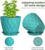 Meowell 7/6.5/6/5.5/5/4.5/4 inch Plant Pots for Indoor Outdoor Plants, 7 Pack Thick Flower Pots with Drainage Holes and Saucers, Modern Wave Texture Small Plastic Planters Nursery Pots, Blue Green