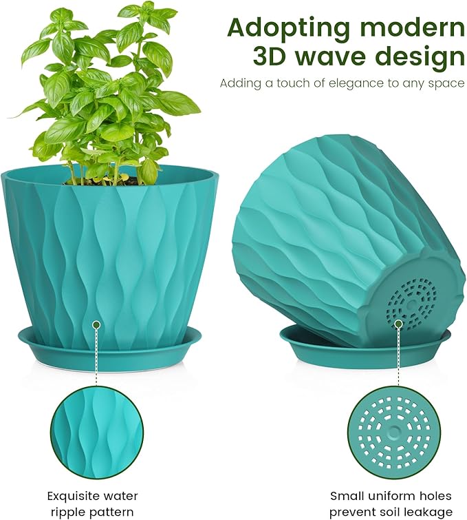Meowell 7/6.5/6/5.5/5/4.5/4 inch Plant Pots for Indoor Outdoor Plants, 7 Pack Thick Flower Pots with Drainage Holes and Saucers, Modern Wave Texture Small Plastic Planters Nursery Pots, Blue Green