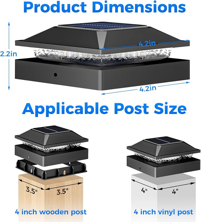 Peasur 4x4 Solar Post Cap Lights, 2 Modes 16 LED Post Solar Lights Waterproof, Black Fence Deck Lights Fit Wooden/Vinyl Post for Porch Patio
