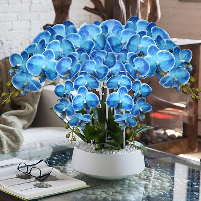 DILATATA Blue Real Touch Orchid 9 Blooms, 36'' Tall Artificial Plant for Home Decor, Office