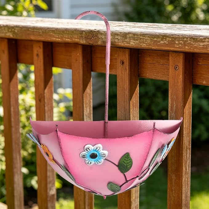 Plant Umbrellas for Outdoor Plants, Farmhouse Umbrella Shaped Wall Hanging Planter – Metal Iron Art with Drainage Holes, No-Drill Rustproof Flower Pot for Yard, Patio, Balcony