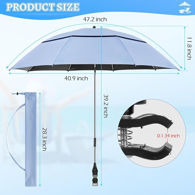2 Pack 40.9'' Beach Chair Umbrella with 360° Adjustable Canopy & 270° Flexible Clamp, Double Canopy Sun Protection for Wheelchair, Patio, Golf Cart, Camping
