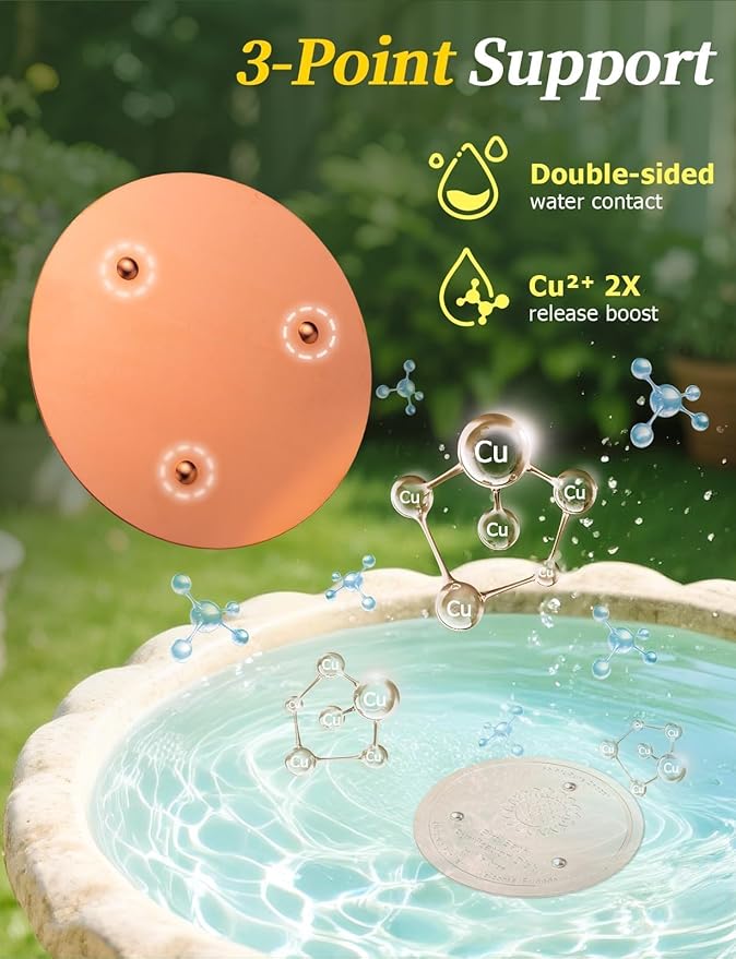 Mellbree 3-Pack Bird Bath Copper Disc, 0.6mm Reinforced 99.99% Pure Copper Cleaning Disk with Triple-Point Support for Physical Safe Clean Water All-Season (Flower)