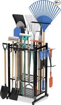 Sttoraboks Garden Tool Organizer Rack Up to 50 Tools, Heavy-Duty Steel Yard Tool Organizer for Garage Storage with 11 Hooks, Broom Holder & Garden Tool Rack for Shed, Patio, Outdoor Use, Black