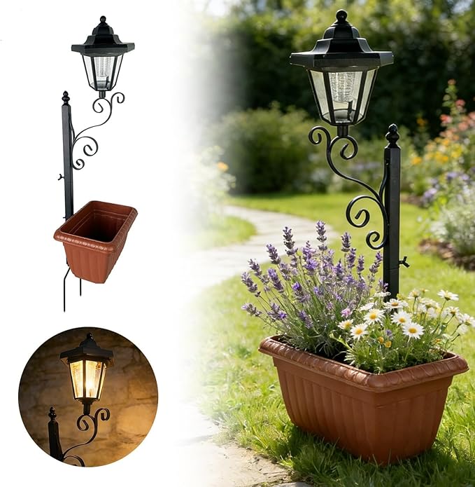 Solar Floor Lamps with Planter (2-in-1 Design), Solar Lamp Post Light with Planter with Posts, Ground Stakes, Planters, & Wall Mount Hardware, Outdoor Lights for Patio, Porch, Deck, Yard (2pcsBrown)