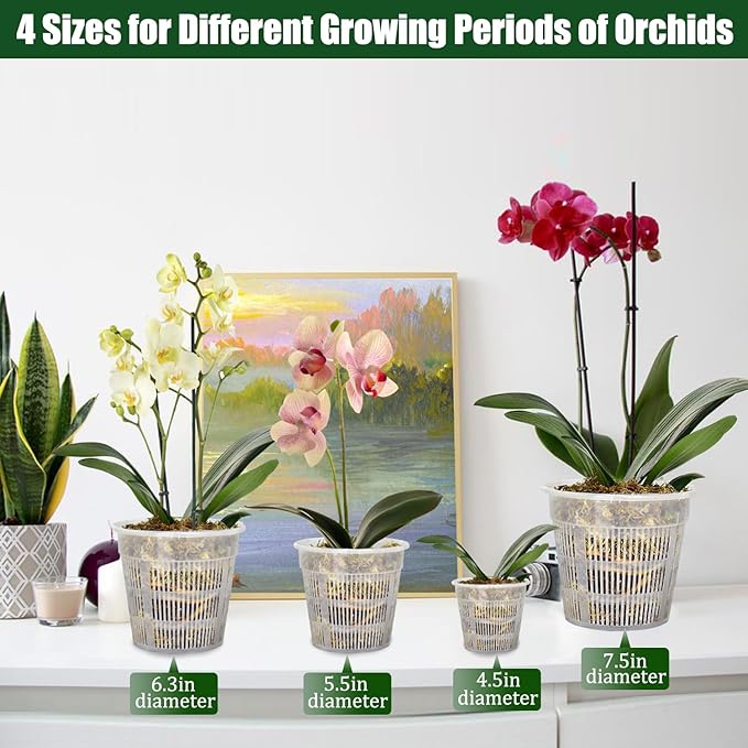 12Pcs Orchid Pot, 3 Each of 4.5, 5.5, 6.3 and 7.5 Inch Orchid Pots with Holes, Clear Plastic Flower Plant Pot Indoor Outdoor Use(3 Each of 4.5,5.5, 6.3,7.5in)