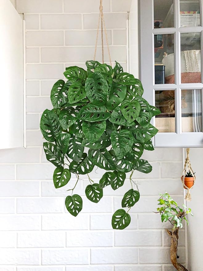 Large Fake Hanging Plants in Pot for Indoor & Outdoor, Long Artificial Monstera Albo Long Plants, 27.6" Fake Potted Vines Ivy Greenery Plant for Room Wall Shelf Decor Living Room Bathroom Patio Porch