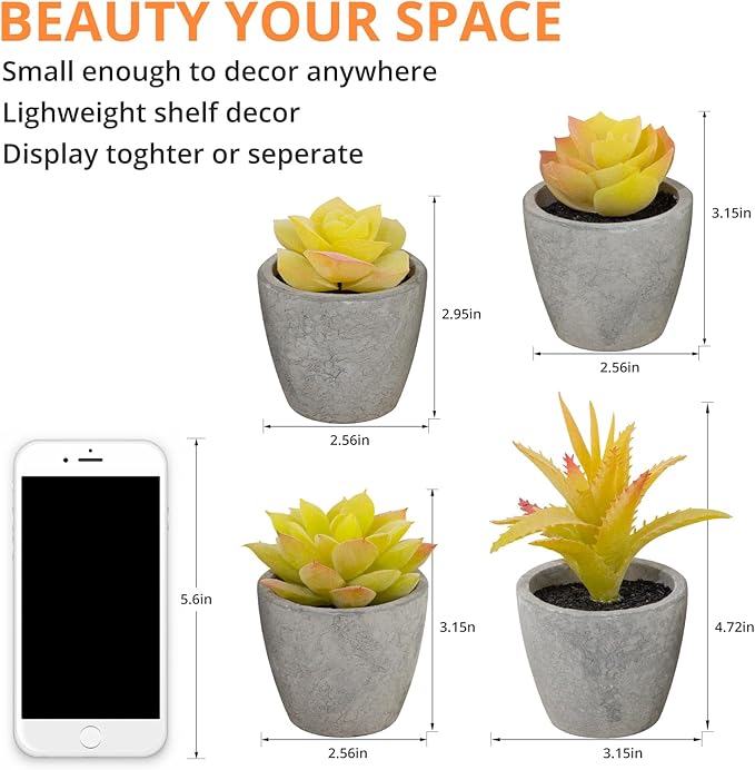 Set of 4 Small Yellow Fake Succulent Plants - Mini Artificial Succulents for Bathroom, Living Room, Office Desk, Coffee Table, Kitchen Shelves - Aesthetic Indoor Shelf Decor