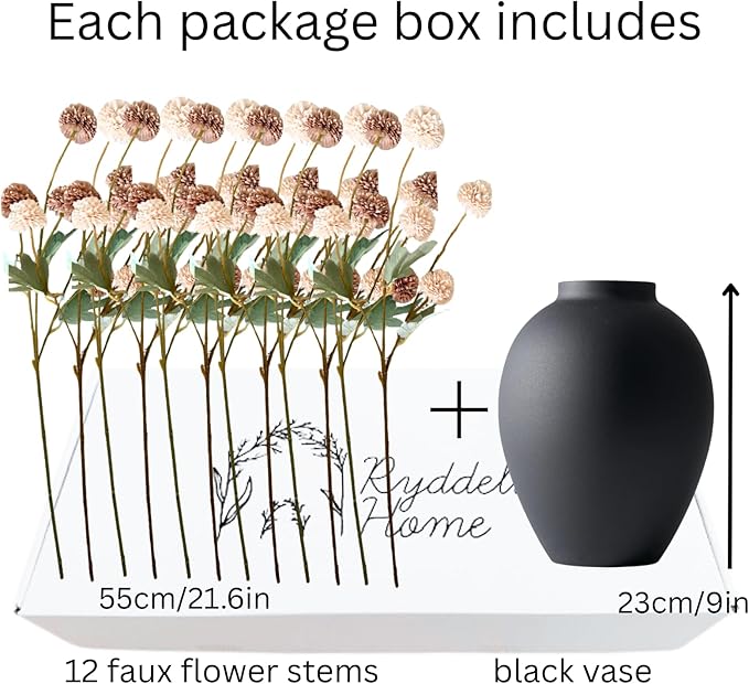 Artificial Flowers with Vase for Home Decor - Faux Mum Flower Arrangement Centerpiece, 12 Stems Beige and Brown Silk Flowers in Black Iron Vase for Dining Table Living Room Office Bedroom