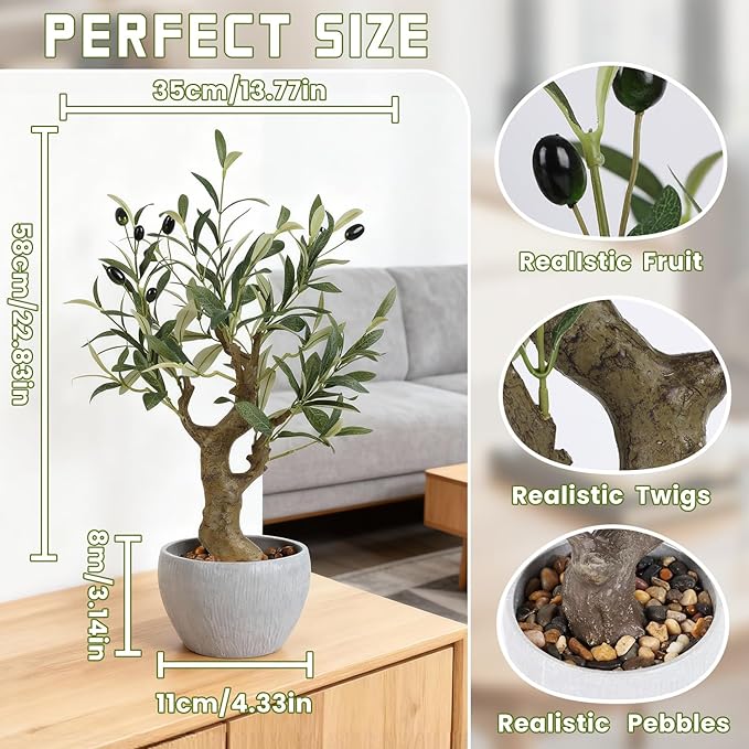 TOARTi Artificial Olive Tree Potted Plant with Stone Pot, 20.5" Tall Japanese Bonsai Tree Faux Plants Desk Plant, Realistic Greenery Decor for for Home Bedroom Bathroom Office Desk