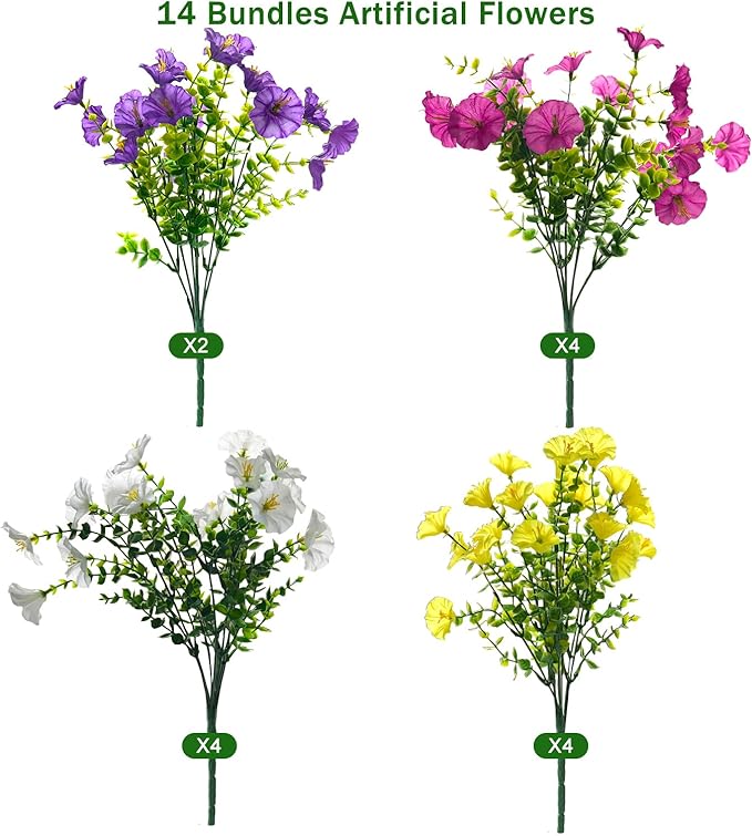 Fanfantoey Artificial Flowers for Outdoor, UV Resistant Fake Plants Outside Decoration, 14 Pcs Realistic Silk Morning Glory Faux Flowers for Porch Patio Gardens Home Decor(14, 4 Mixed)