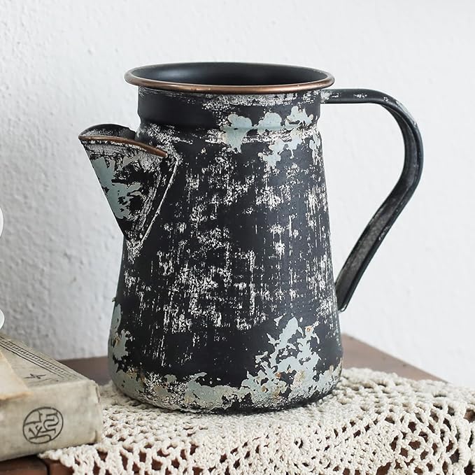 Vintage Pitcher Vase Rustic Farmhouse Vase for Flowers Vintage Metal Milk Jug Small Decorative Pitcher Shabby Chic Decor for Home, Kitchen, Bathroom, Black