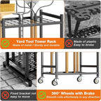 Garden Tool Organizer with Wheels, Heavy-Duty Yard Tool Rack with 3 Side Hooks, Holds Up to 40 Long-Handled Tools, Metal Garage Tool Storage for Lawn & Outdoor Organization