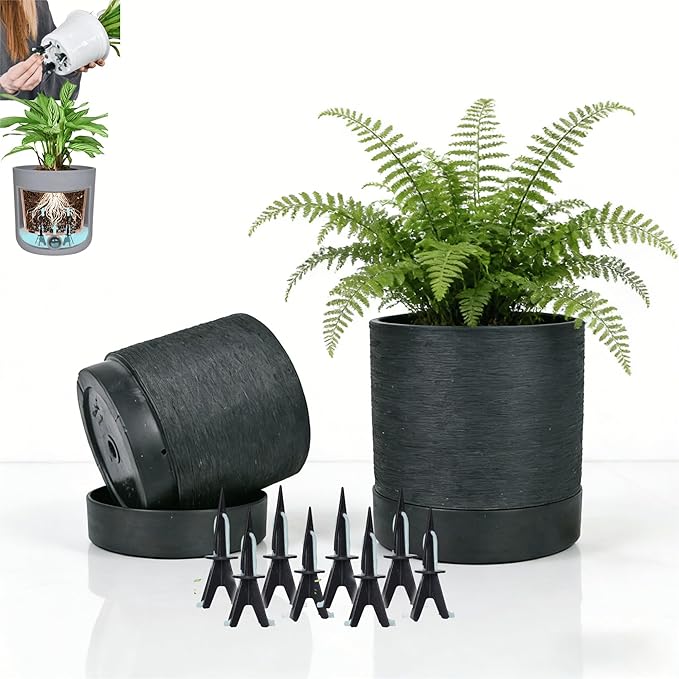 GreenShip Planter Set of 2 (GK-Black, 9.8in+7.8in) – Cylinder Planters with Drainage Hole and Planter Saucer, Jun Porcelain Clay & Recycled Resin, Decorate Home,Office & Outdoor
