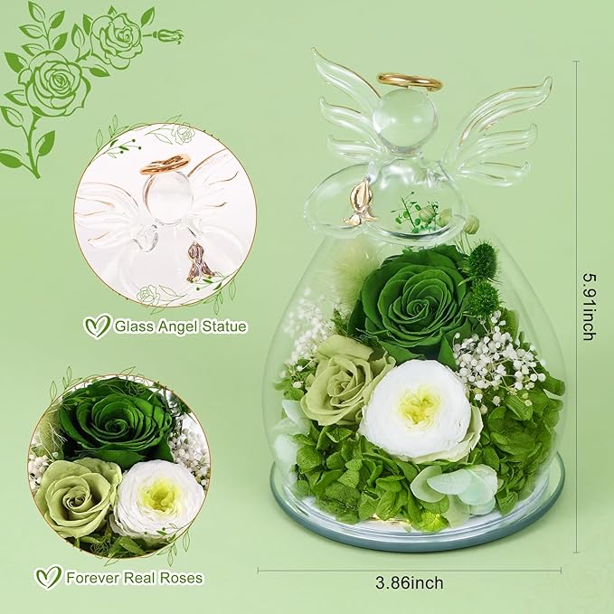 FIACO Gifts for Women Birthday Preserved Rose Forever Flower in Glass Angel Figurines Fresh Flowers for Delivery Prime for Mom Real Green Roses for Grandma Sister Wife Her from Daughter