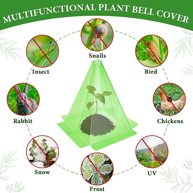 20 Pack Garden Cloches for Plants, Green Reusable Bell Plant Cover, Plastic Small Plant Seedling Protector with 40pcs Metal Stakes, Mini Greenhouse Against Sun, Frost, Snails, Birds, 7.8" x 11"