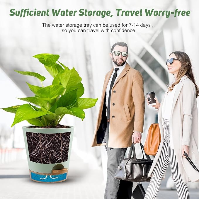 Indoor Self Watering Planters with Drainage Holes and Saucers, 8, 7, 6.5, 6, 5.5, 5 Inches, 6 Pots（Green+Brown