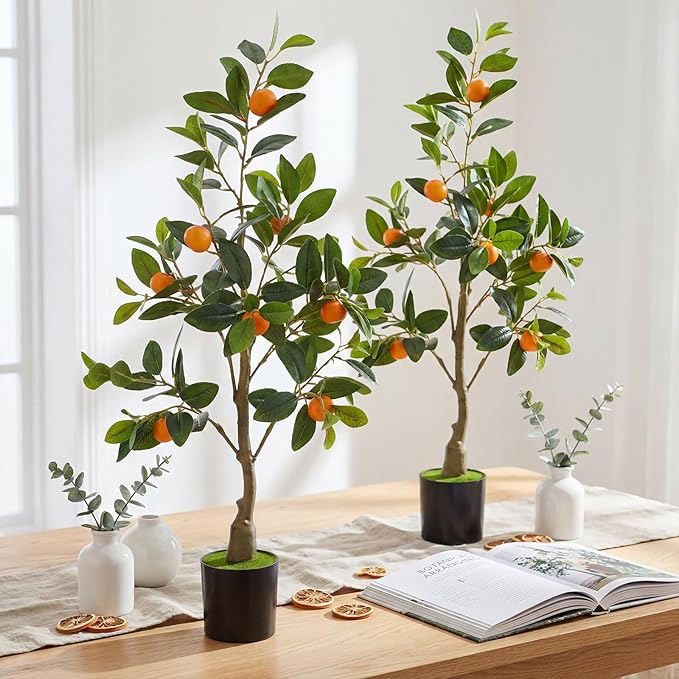 Suncalla 2 Pack Artificial Orange Potted Plants 31.5 Inches Fake Orange Tree Simulation Realistic Fruit Plant with Pot Faux Tree Indoor Decoration for Home Office Living Room Table Desk