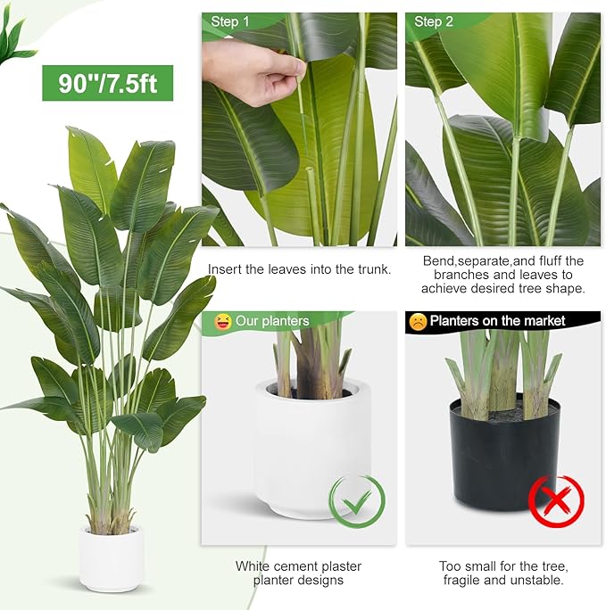 Artificial Bird of Paradise Plant 7.5Ft Tall Fake Tropical Palm Tree Large Fake Plants with 18 Silk Banana Leaves Faux Plant Indoor Decor Trees White Pot for Home Bedroom Living Room Office