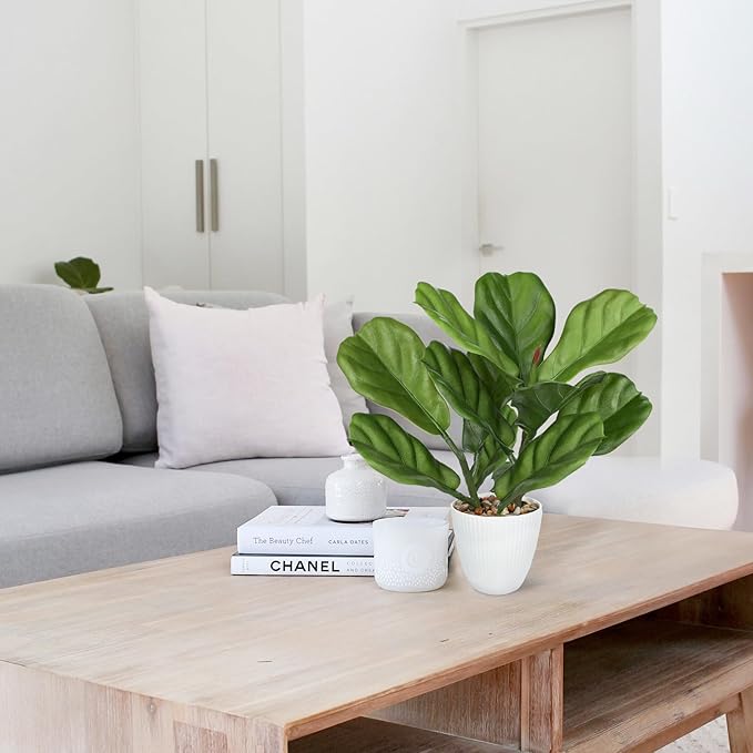 GnFlus Fake Plant Artificial Fiddle Leaf Fig Plant in White Pot for Indoor Outdoor Farmhouse Living Room Shelf Home Office Decor