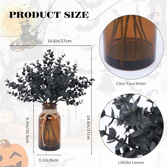 Coferset Black Eucalyptus Stems in Glass Vase with Faux Water for Halloween Decorations, 14" Eucalyptus Fake Plants for Home Bathroom Office Kitchen Farmhouse Shelf Centerpiece Coffee Table Decor