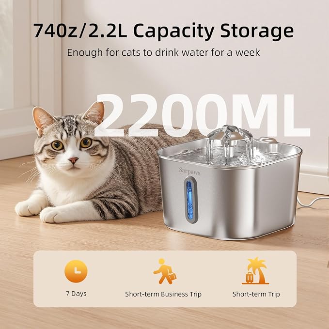 SARPAWS Cat Water Fountain Stainless Steel：74oz/2.2L Water Fountains for Cats Indoor, Cat Fountains for Drinking, Ultra-Quiet, Water Level Window, Pet Water Fountain - 2 Filters + 2 Sponges