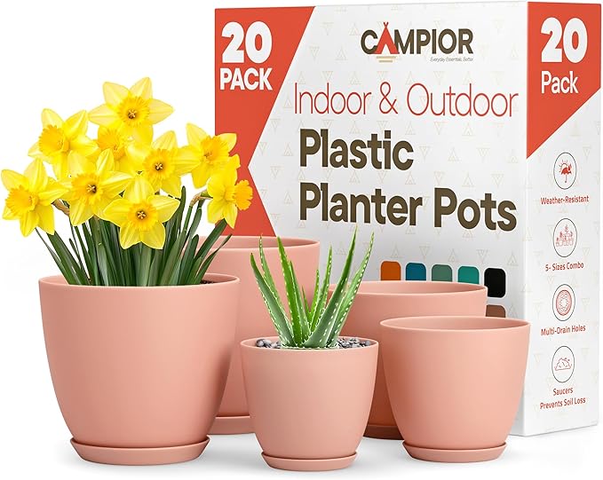 Planter Pots with Drainage Holes - Lightweight, Durable, and Space-Saving Pots for Indoor and Outdoor - Versatile Functionality, Simple Modern Design, Set of 20 Plastic Planter Pots - Pink