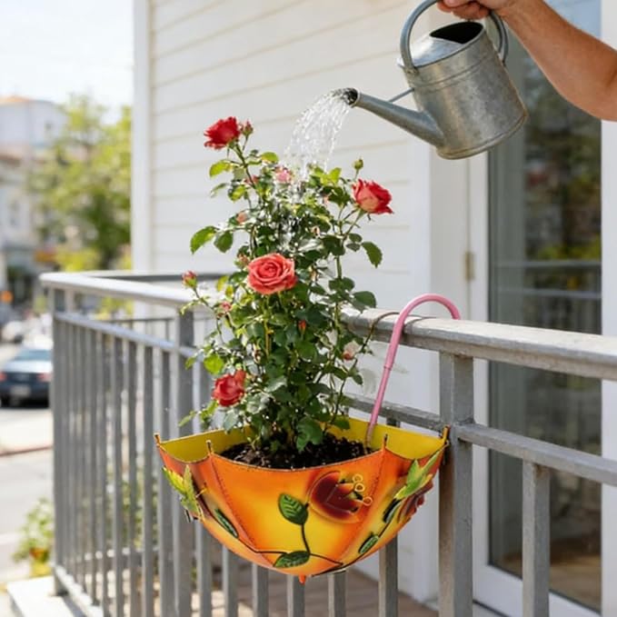 Plant Umbrellas for Outdoor Plants, Farmhouse Umbrella Shaped Wall Hanging Planter – Metal Iron Art with Drainage Holes, No-Drill Rustproof Flower Pot for Yard, Patio, Balcony