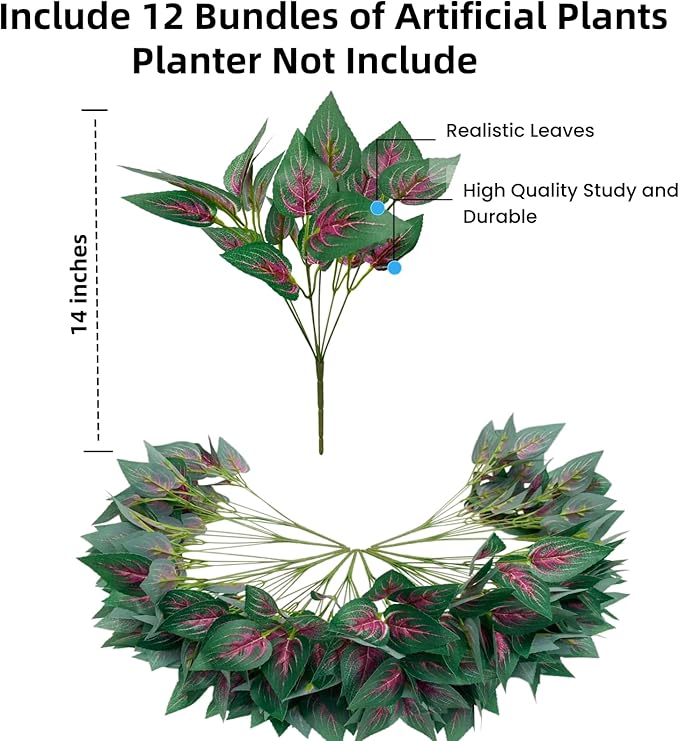 Artificial Plants Faux Greenery for Outdoor Outside UV Resistant, Fake Silk Realistic Coleus Bushes Shrubs for Porch Planters Front Door Patio Pots Spring Summer Decor, 12 Bundles