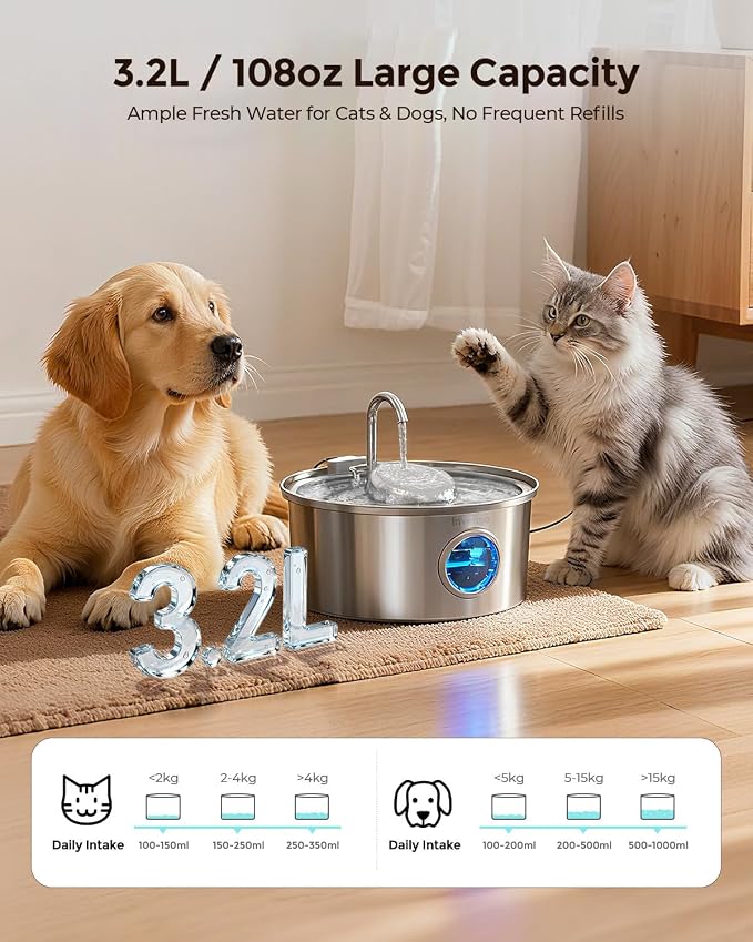 Invengo Cat Water Fountain Stainless Steel, 108oz/3.2L Pet Fountain with Large Water Level Window, Ultra Quiet Automatic Cat Water Dispenser for Cats and Dogs, 2 Flow Modes, Splash-Proof Design