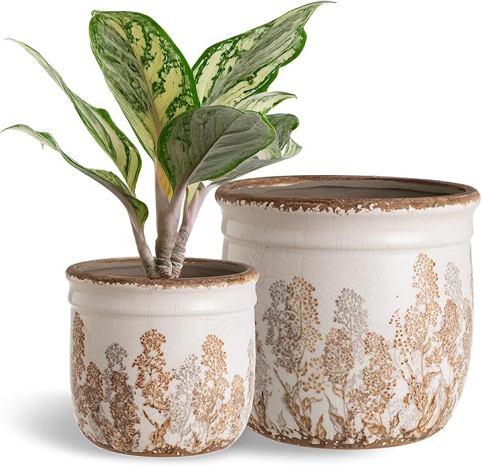 SURE YUESI for Mom from Daughter or Son, Set of 2 Ceramic Planters 4.7” & 5.7”, Vintage Brown Rustic Flower Pots Without Drainage Hole, Decorative Indoor Plant Pots for Home Decor, Living Room