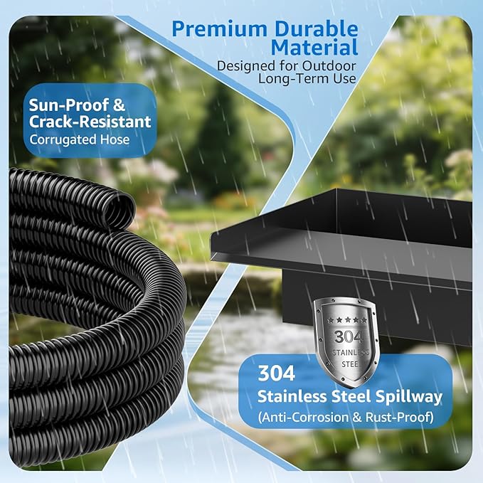 8" Pond Waterfall Kit, 660GPH Ultra Quiet Pump, 304 Stainless Steel Spillway, 9.8FT Freeze-Proof Tubing & 16.4FT Cord - Complete Water Feature Set for Garden, Koi Pond & Backyard Decor